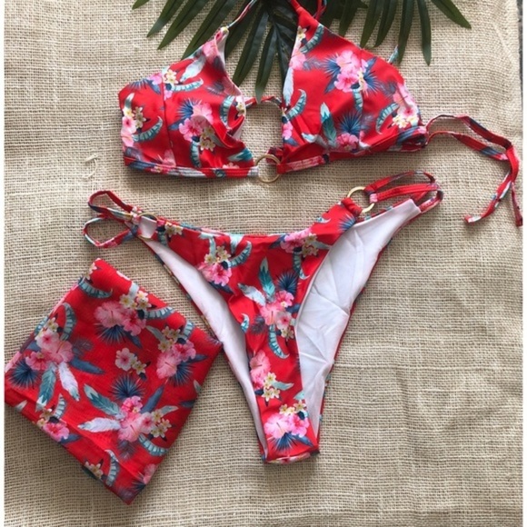 3-Piece Tropical Print Bikini Top and Cheeky Bottom w/ Matching Wrap SIZES M & L - Picture 2 of 11